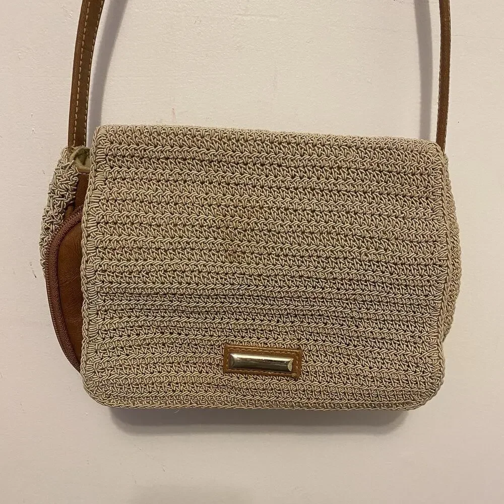 Women Y2K Crocheted BeigeBrown Shoulder HandBag CrossbodyPurse Woven FauxLeather